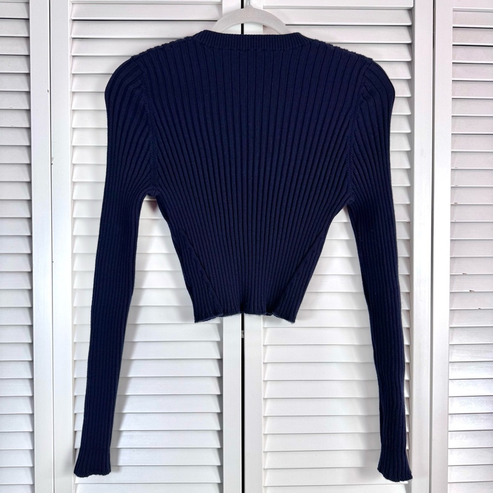 Jason Wu Ribbed Knit Wool Cropped Crew Neck Sweater Top Slim Fit Navy Size Large - Picture 4 of 9
